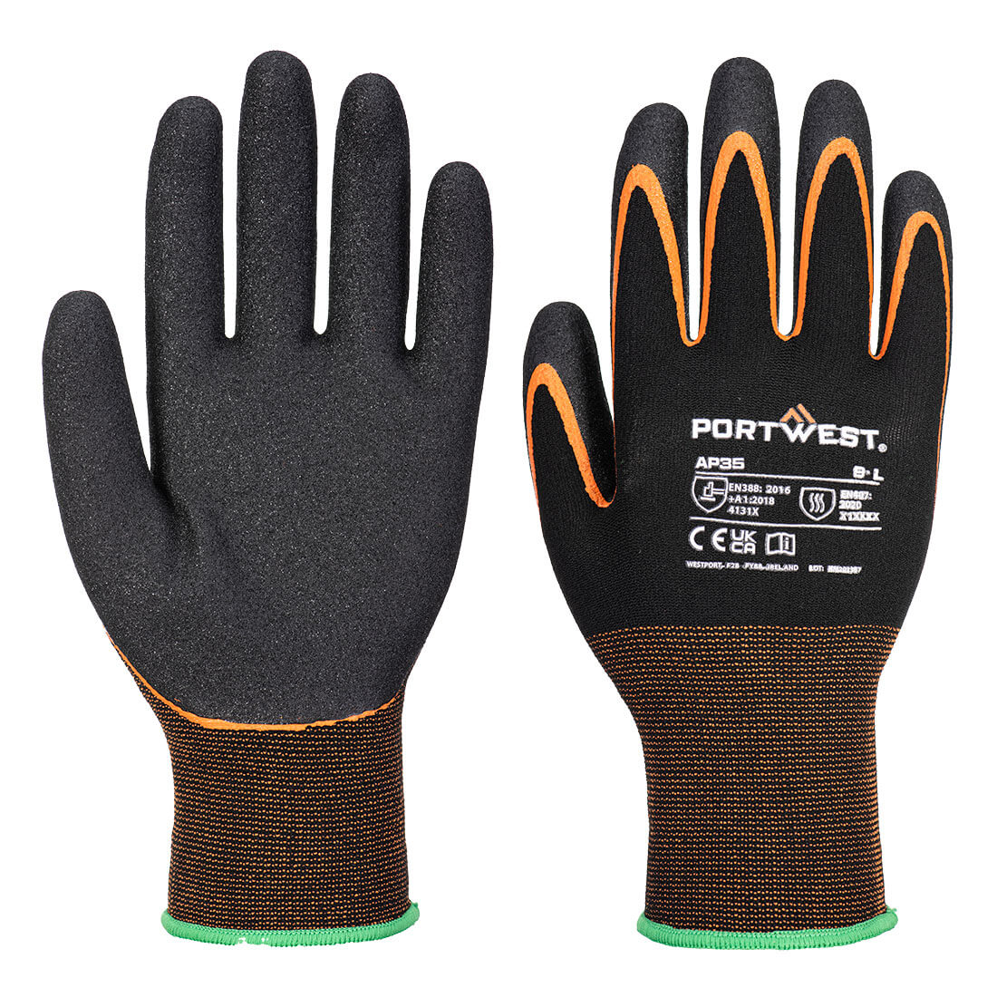 Portwest handschoen AP35 Grip 15 nitril dubbele palm hitte zwart-oranje(K1)